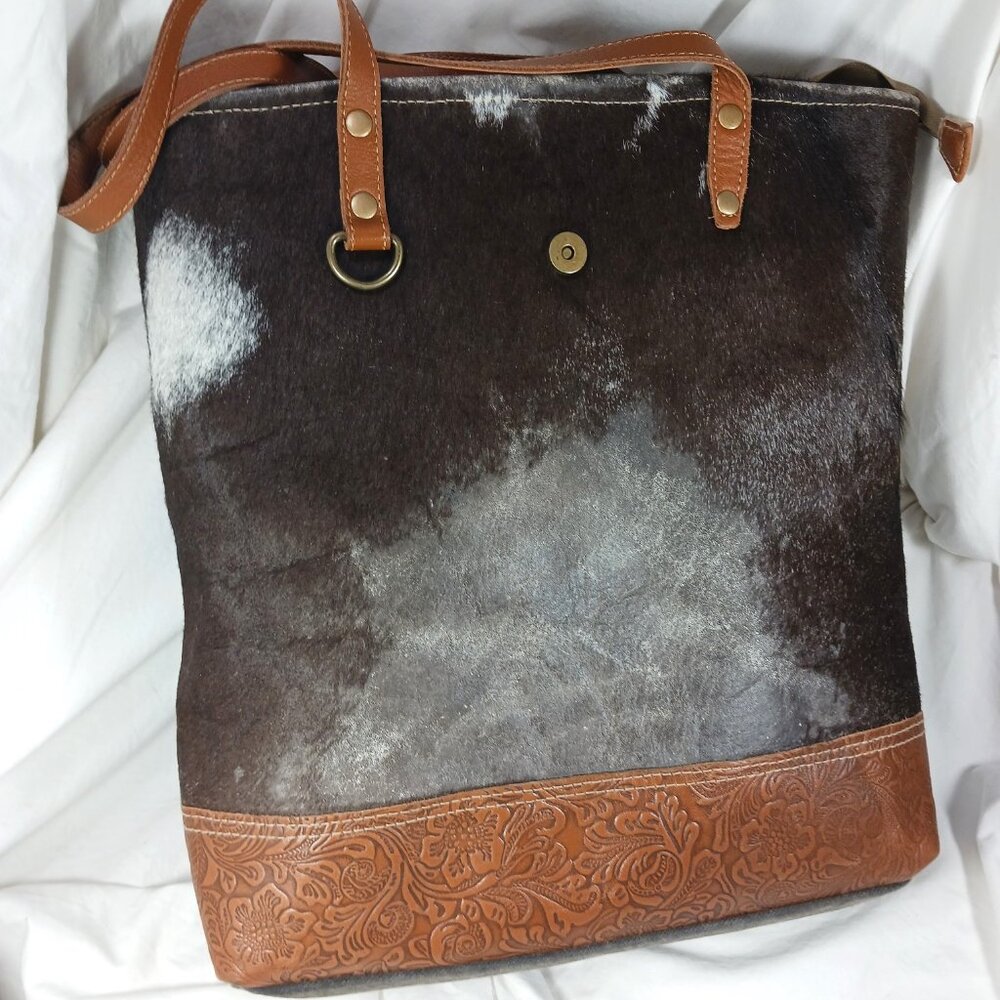 Myra Bag Dk Brown White Cowhide Gray Canvas Tooled Leather Shoulder Bag Zip 16" - Picture 3 of 13